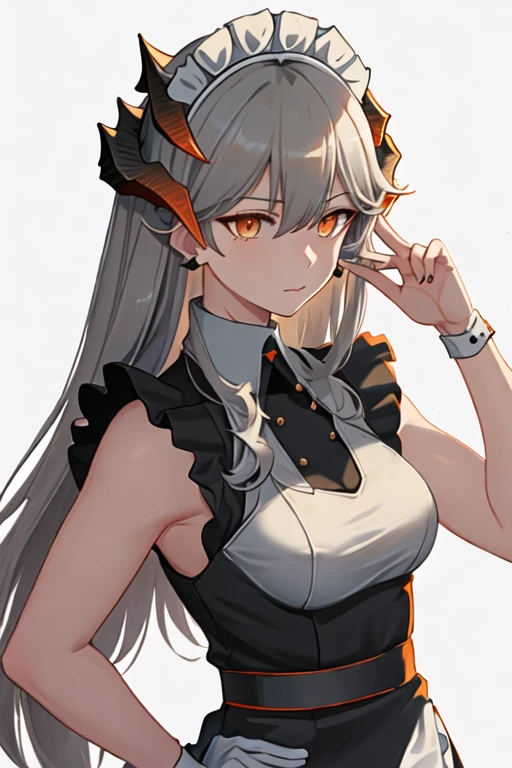 best quality, masterpiece, highres, solo, {maid:1.40}, {long maid dress:1.15}, {saria_arknights:1.15}, horns, long_hair, dragon_horns, orange_eyes, bangs, grey_hair, upper_body, closed_mouth, earrings, jewelry, hair_between_eyes