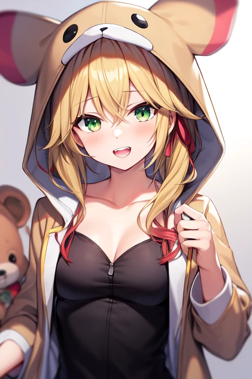 hair between eyes, teeth, stuffed animal, ribbon, jacket, blonde hair, upper body, medium breasts, collarbone, green eyes, anesie