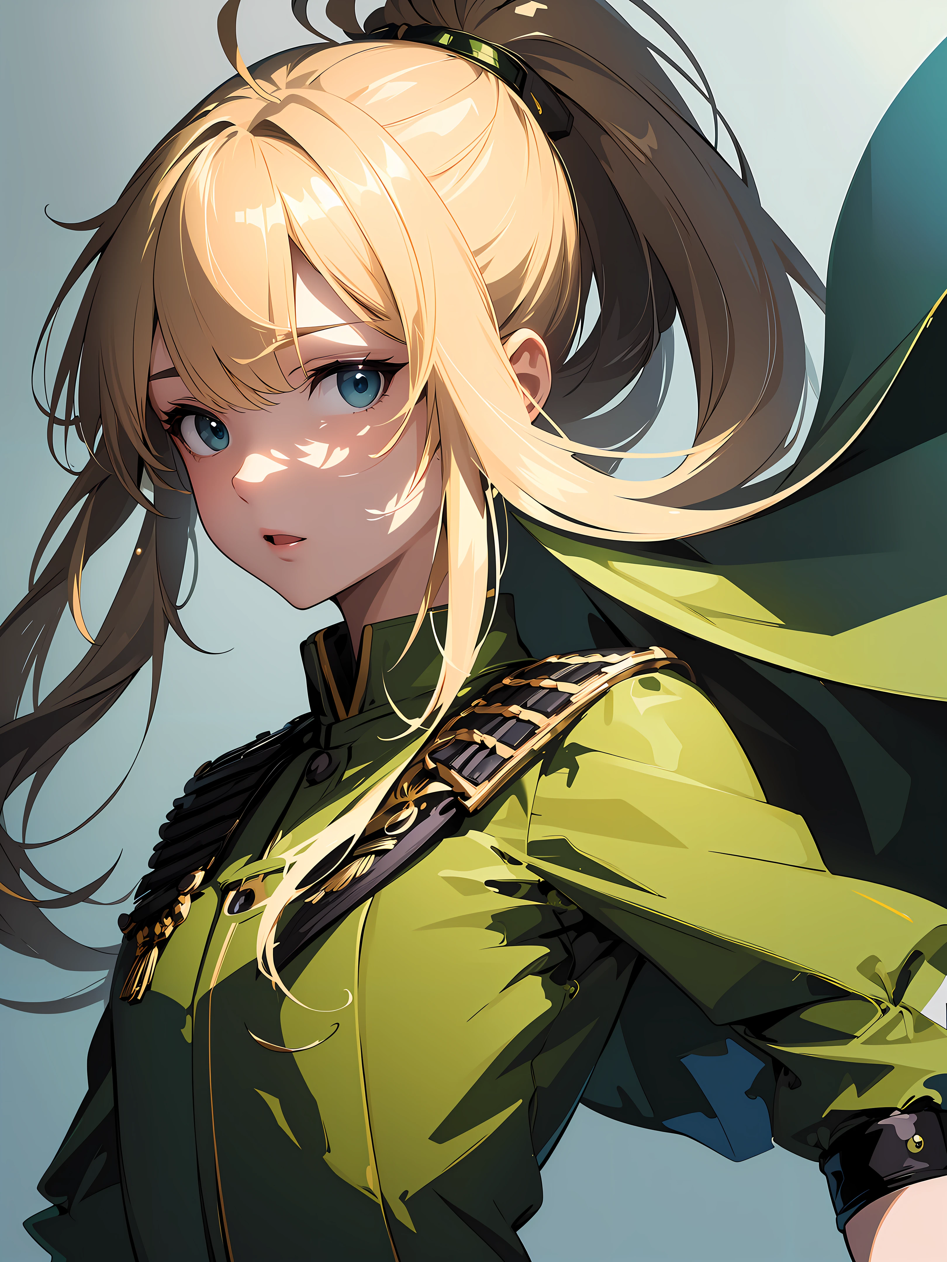 (novel illustration:1.5),(solo:1.2),(anime,8k,masterpiece, top quality, best quality,beautiful and aesthetic:1.2,professional illustrasion:1.1,ultra detail:1.3,perfect  lighting),extremely detailed,highest detailed,incredibly absurdres,highres,ultra detailed,intricate:1.6,  (young girl),(WW2,green military costume,combat uniform,major),beautiful face and eyes,Beautiful hair, floating hair,shoulder length hair,(blonde hair),bobbed hair,pony tail,antenna hair, shiny skin,pretty,small stature,( flat chest), sence of move, doyagao, character focus