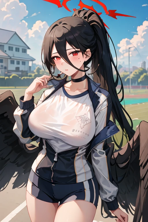 best quality, masterpiece, highres, solo, {hasumi_bluearchive:1.15}, black_hair, long_hair, red_eyes, hair_between_eyes, halo, mole, mole_under_eye, blush, breasts, large_breasts, wings, ponytail, black_wings, very_long_hair, closed_mouth, bangs, 1girl, black_choker, choker, cloud, gym_uniform, jacket, long_sleeves, looking_at_viewer, low_wings, official_alternate_costume, outdoors, shirt, sky, track_jacket, white_shirt, blue_sky, partially_unzipped, shorts, blue_jacket, day, feathered_wings, huge_breasts, parted_lips