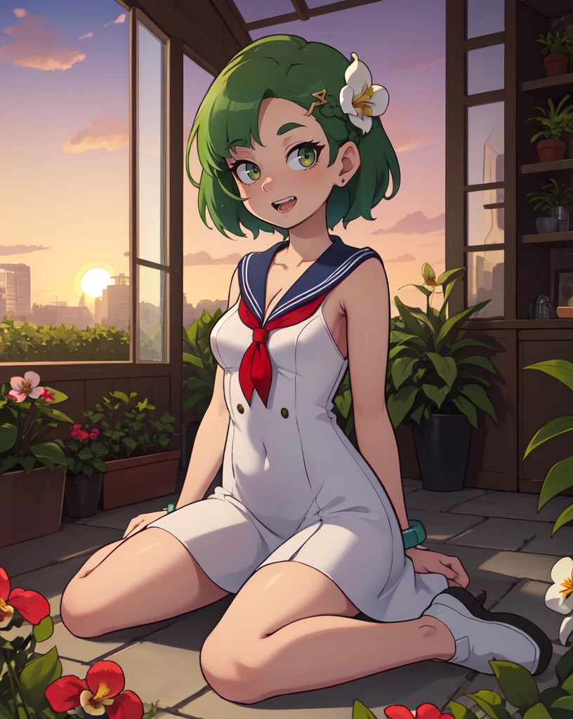 (masterpiece, best quality:1.1), 1girl, solo, breasts, cleavage, olive eyes, green hair, looking at viewer, wariza, sitting, sunset, dreamy, ethereal, sailor dress, jewelry, outdoors, botanical garden, exotic plants, conservatory, paths, ponds, blooming orchids, glasshouses, sculptured hedges, landscaped gardens, rare specimens, dimples, small mouth, high forehead, open mouth, upper teeth only, smirk, short hair, braided bangs, hair ornament