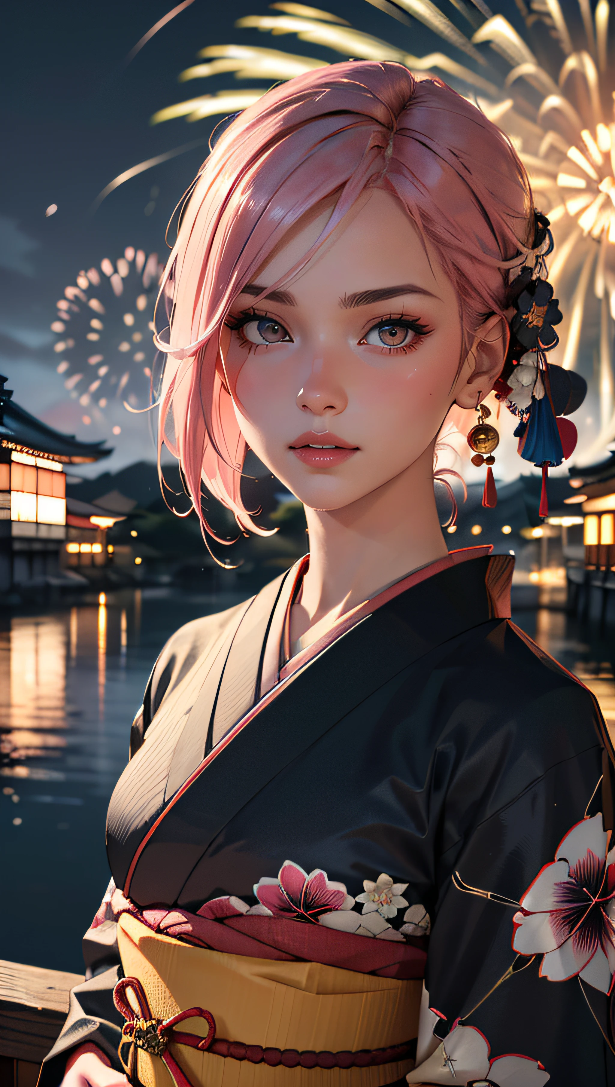(best quality, masterpiece, perfect face, detailed simmetric iris, perfect smooth skin texture), pink hair, 18 years old european girl, flirting with POV, in traditional japanese gold&black kimono, ultra detailed kimono textures, high contrast, night, kyoto, fireworks, (hyperrealism, soft light, dramatic light, sharp, HDR)