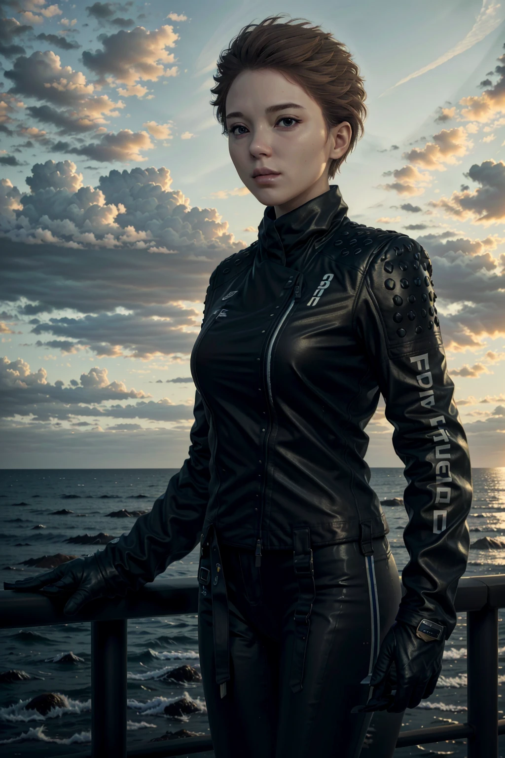 FragileDS, 1girl, solo, gloves, brown hair, short hair, sky, cloud, jacket, railing, outdoors, black gloves, bird, realistic, ocean, cowboy shot, sunset, standing, very short hair, cloudy sky, black jacket, leather, pants, zipper, looking at viewer, long sleeves
masterpiece, best quality,
<lora:epi_noiseoffset2:1>, <lora:FragileDS:0.7>