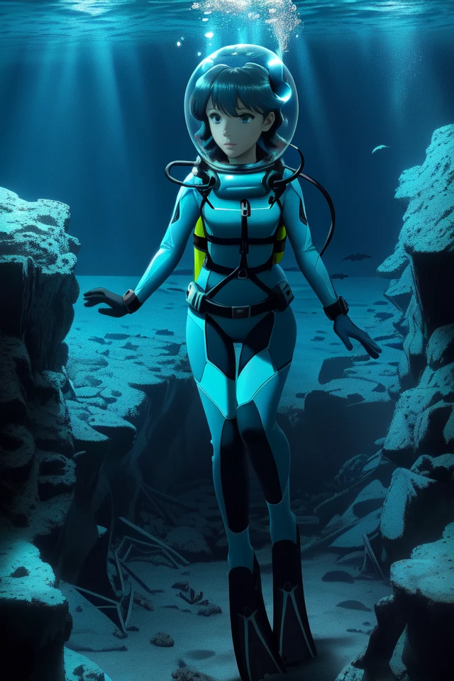 Pretty female scuba diver swimming underwater, ultra detailed, ((full body diving suit)), gloves, sharp focus, crystal clear, masterpiece, (1girl), (alone), ((underwater)), weight belt, ((lama scuba helmet)), (diving watch), (((deep sea dive))), ocean abyss, dim blue lighting, caustic effects, ((perfect anatomy)), ((perfectly drawn face)), ((perfectly drawn hands)), ((perfectly drawn eyes)), (black fins), underwater background, anime still, fish school, [fish], (coral reef), alguae, high tech wreckage, high tech machinery, (spaceship wreckage), (alien technology fragments), <lora:lama_scuba_helmet_rev2-10:0.825>