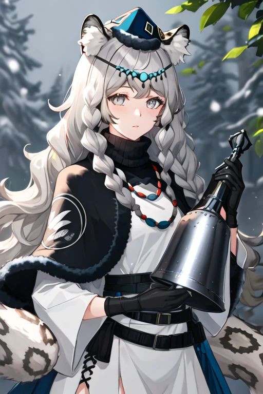 best quality, masterpiece, highres, solo, {pramanix_arknights:1.15}, long_hair, animal_ears, braid, leopard_ears, animal_ear_fluff, grey_eyes, twin_braids, bangs, grey_hair, jewelry, white_hair, necklace, tail, upper_body, turtleneck, leopard_tail, hair_between_eyes, bell, very_long_hair, 1girl, capelet, hat, looking_at_viewer, official_alternate_costume, black_gloves, blue_headwear, fur_trim, gloves, holding, long_sleeves, side_braids, closed_mouth, dress