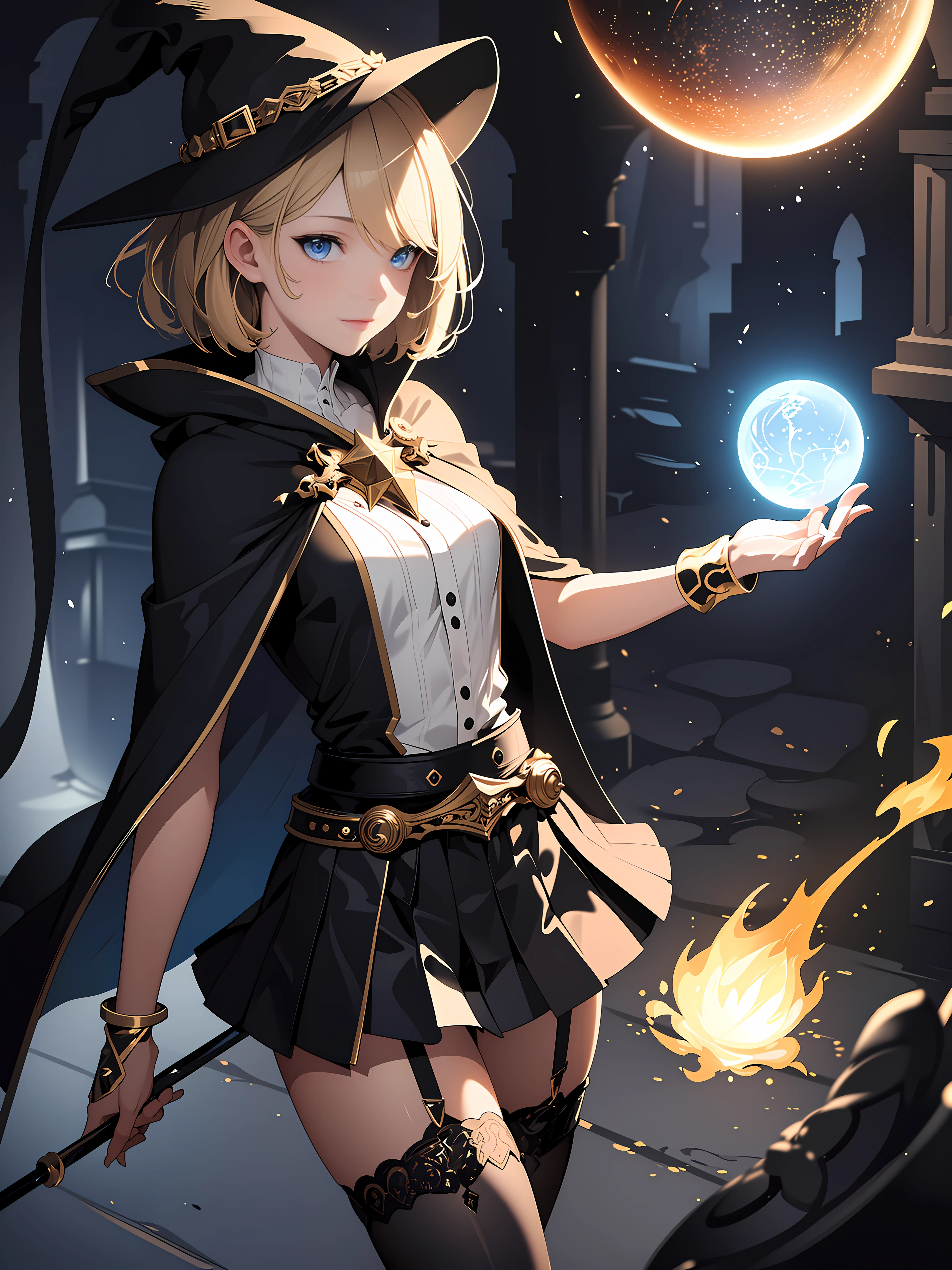 (fantasy illustration:1.5),(solo:1.2),(anime,8k,masterpiece, top quality, best quality,beautiful and aesthetic:1.2,professional illustrasion:1.1,ultra detail:1.3,perfect lighting),extremely detailed,highest detailed,incredibly absurdres,highres,ultra detailed,intricate:1.6,(final fantasy girl),(highly detailed beautiful face and eyes,dark blonde,pixie cut,hair over one eye),human,midium breast,light pubic hair,oily skin,(blackmage outfit:1.3,Mage Cloak:1.2,Mage Hat:1.1,pleated skirt),garter belt:0.8,beautiful,glowing magic circle around the girl,(flame effects,burnning effects,flame ball),(have long cane),