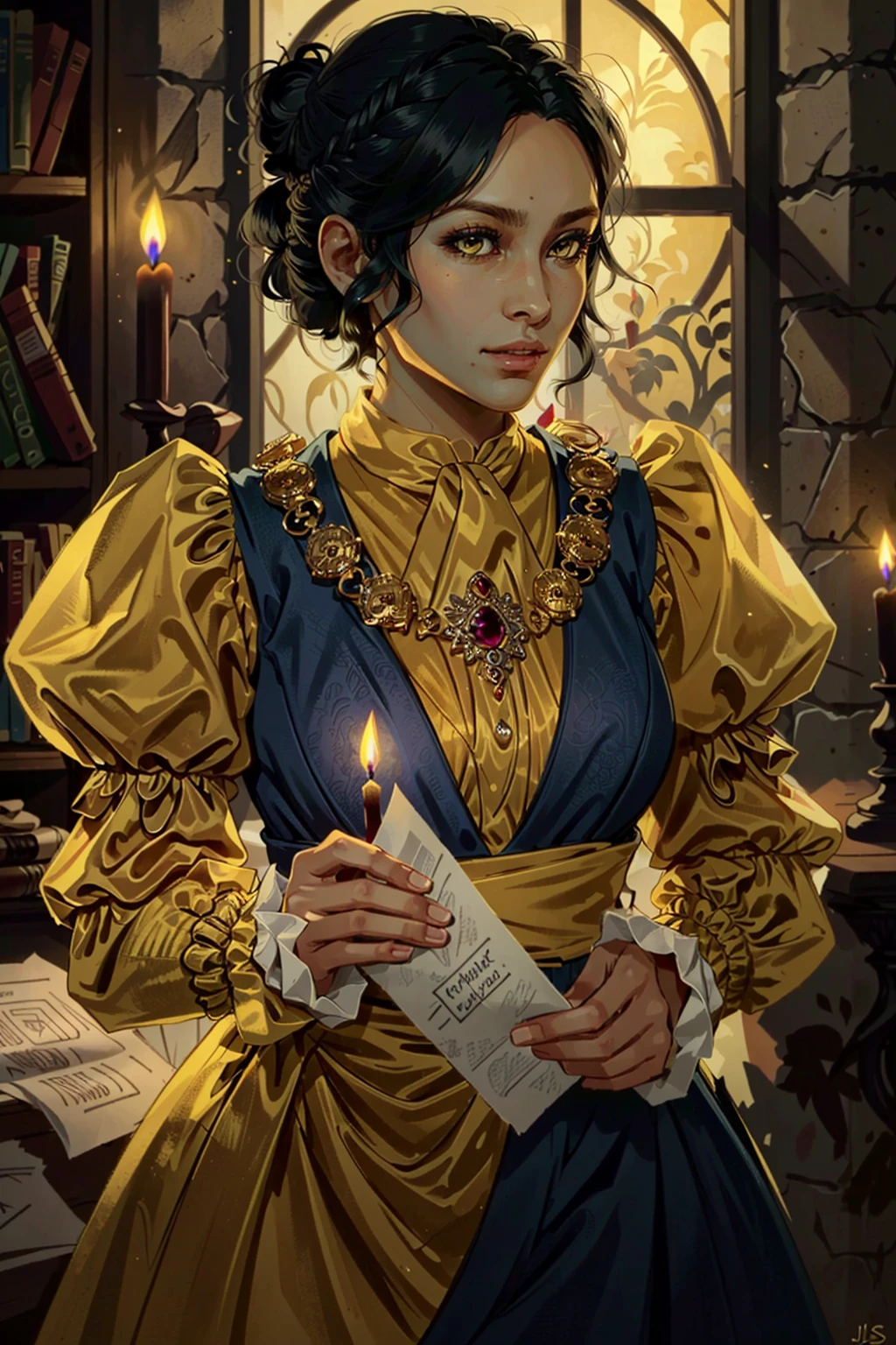 JosephineDA, 1girl, solo, candle, holding, dress, fire, black hair, puffy sleeves, long sleeves, dark skin, jewelry, yellow eyes, paper, scroll, necklace, dark-skinned female, juliet sleeves, yellow dress, hair bun
<lora:epi_noiseoffset2:1>,   <lora:JosephineDA:0.7>