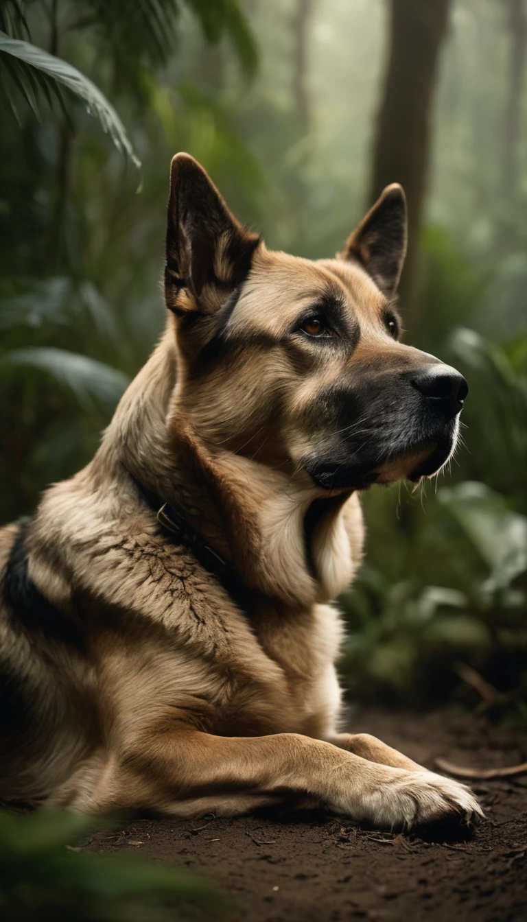 award winning wildlife (medium long shot:1.4), 35mm film movie still, ultra photorealistic, photorealism, (upper profile) shot of a defeated old dog in pain with the (sunken head:1.4) mourning (looking depressed down:1.2), (glossy eyes) cinestill, film grain, taken with hasselblad H6D 100c, the HCD 24mm lens, hazy mood, cinematic dramatic lighting, cold muted colors, (DOF:1.4), (dark lush jungle background), sharp focus, (perfect real extremely details), amazing fine detail, absurdres, hyper realistic lifelike texture, dramatic lighting
