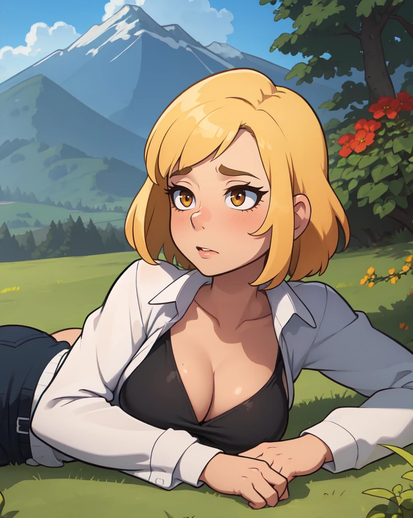 (masterpiece, best quality:1.2), 1girl, solo, breasts, cleavage, mahogany eyes, blonde hair, looking ahead, lying, on side, day, warm, balmy, summer uniform, outdoors, tundra, grass, hill, cold, mountains, shrub, bush, plant, rolling hills, defined cheeks, thin lips, defined jawline, closed mouth, horrified, closed mouth, medium hair, lob cut