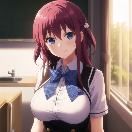 (masterpiece, best quality:1.2),illustration,8k,hd,1girl,solo,red hair,blue eyes,large breasts,school uniform,smile,<lora:Suou Amane(Anime)>,