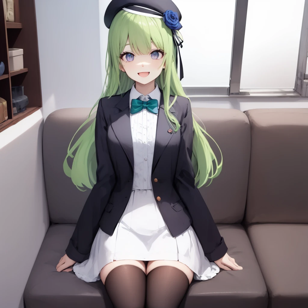 <lora:ennafol_v1-2-000010:.8>,best_quality,masterpiece,ennafol,green_hair,(purple_eyes),(very_long_hair),bangs,((beret)),(blue_rose),dress_shirt,black_jacket,frills,collared_shirt,cafe,indoors,waving,, black_headwear,blue bowtie, long_sleeves,generaloutfit,collared shirt, sitting,skirt,white_skirt,black thighhighs, black_legwear,smile,:D,open_mouth,open_clothes,center_frills,frilled_skirt,white_skirt,