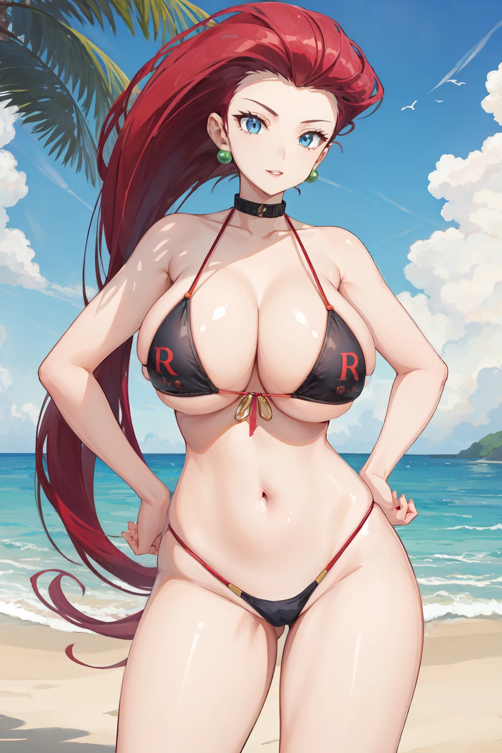 <lora:jessie-v2:1>jessie pokemon, bikini, ocean, jewelry, blue eyes, thighs, hand on hip, long hair, solo, red lips, day, covered nipples, navel, nail polish, makeup, sky, micro bikini, thick thighs, hair slicked back, outdoors, 1girl, blue sky, black bikini, beach, tree, red hair, earrings, huge breasts, looking at viewer, lipstick, very long hair, red nails, swimsuit, cloud, palm tree