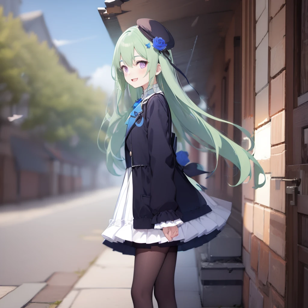 1girl,solo,best_quality,masterpiece,green_hair,(purple_eyes),(very_long_hair),bangs,((beret)),blue_rose,dress_shirt,(black_jacket),frills,collared_shirt,outdoors,forest,trees,blue_sky, black_headwear,blue bowtie, long_sleeves,collared shirt, sitting,skirt,white_skirt,black thighhighs,smile,:D,open_mouth,open_clothes,center_frills,frilled_skirt,white_skirt,ennafol,generaloutfit
(long_hair),blue_flower,hair_flower,((blue_rose)),center_frills,looking at viewer, <lora:ennafol_v1-000009:.8>, <lora:GoodHands-vanilla:1>,chair,table