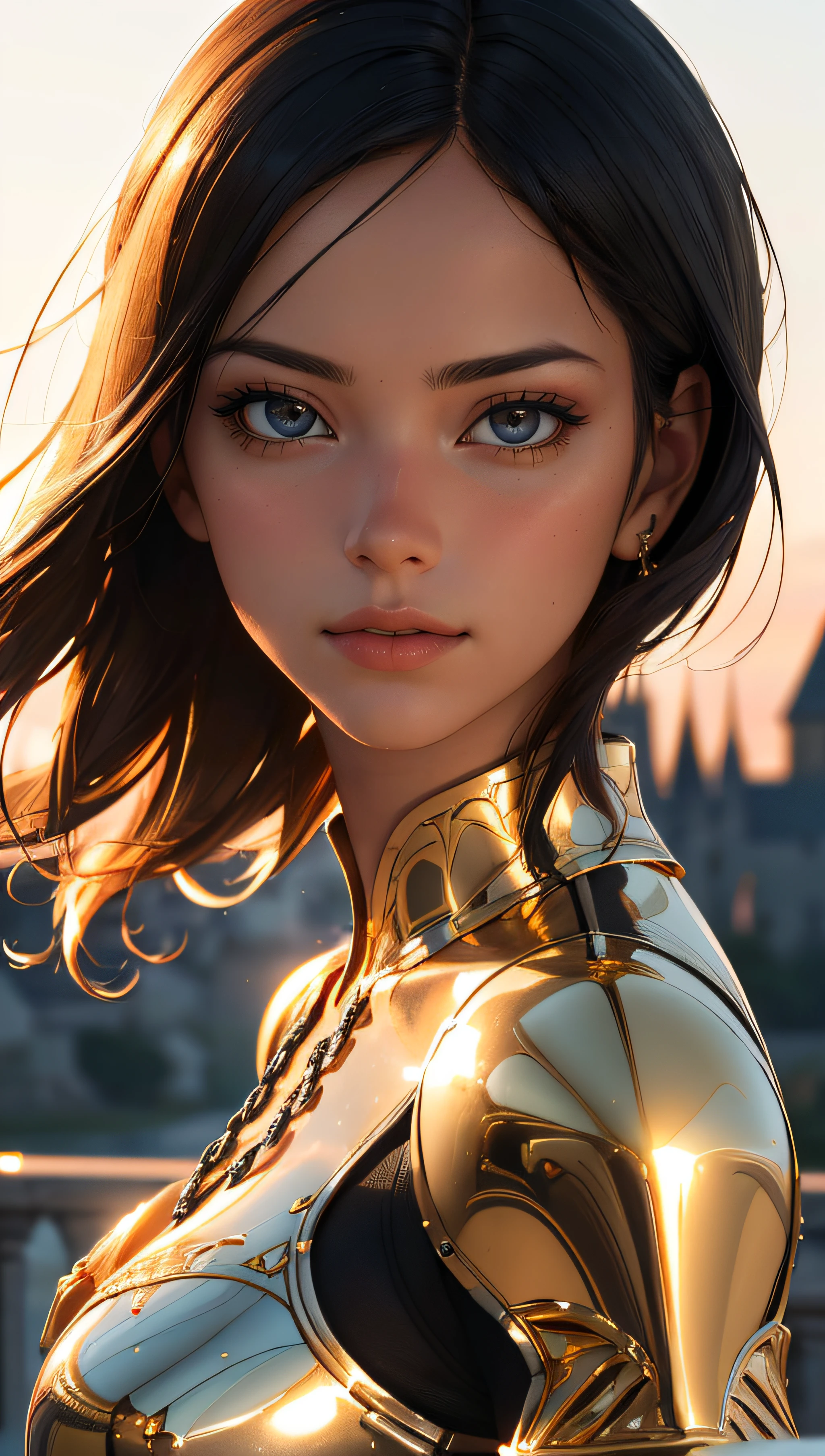 Portrait of a girl, the most beautiful in the world, (medieval gold shining armor), gold metal reflections, upper body, outdoors, intense sunlight, far away castle, professional photograph of a stunning woman detailed, perfect bobbed sexy intense black hair, sharp focus, dramatic, award winning, cinematic lighting, volumetrics dtx, (film grain, blurry background, blurry foreground, bokeh, depth of field, sunset,interaction, Perfect gold chainmail), (masterpiece), (extremely intricate:1.3), (realistic),