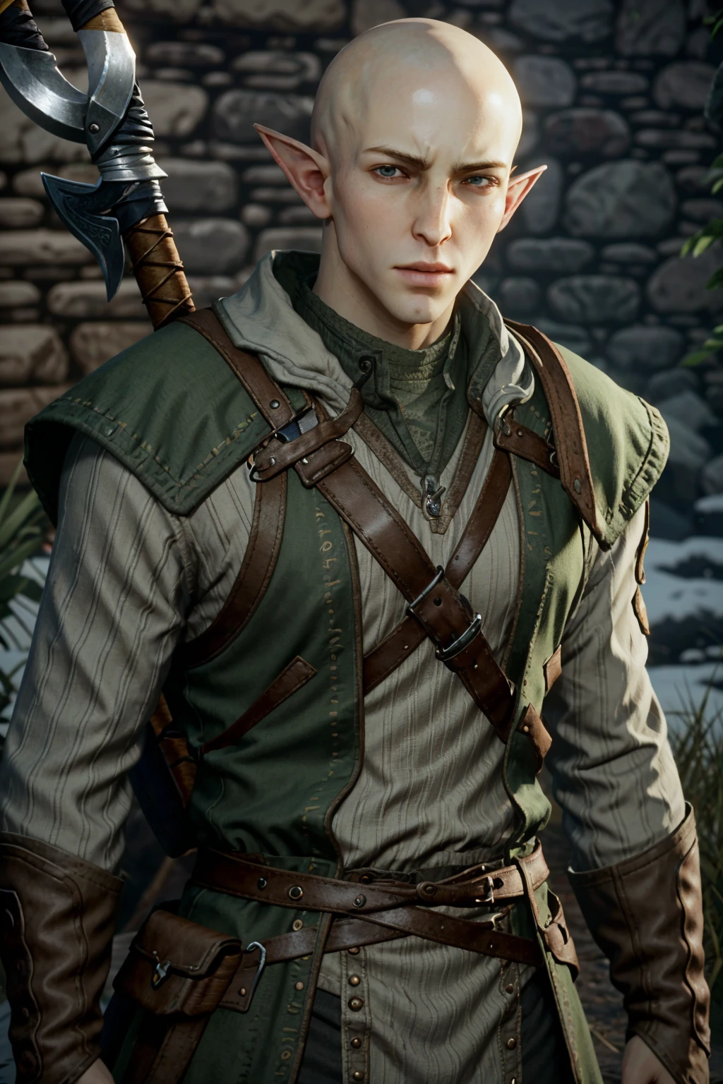 SolasDA, solo, pointy ears, male focus, 1boy, elf, realistic, bald, weapon, upper body
masterpiece, best quality,
<lora:epi_noiseoffset2:1>, <lora:SolasDA:0.7>