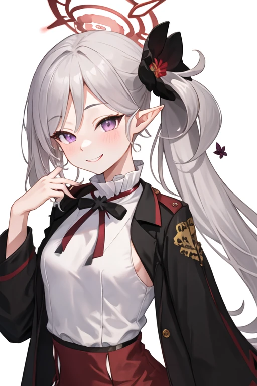 best quality, masterpiece, highres, solo, {mutsuki_bluearchive:1.15}, long_hair, hair_ornament, smile, halo, bangs, purple_eyes, white_hair, side_ponytail, blush, hair_flower, flower, grey_hair, pointy_ears, 1girl, looking_at_viewer, simple_background, black_flower, jacket, upper_body, white_background, black_jacket, closed_mouth