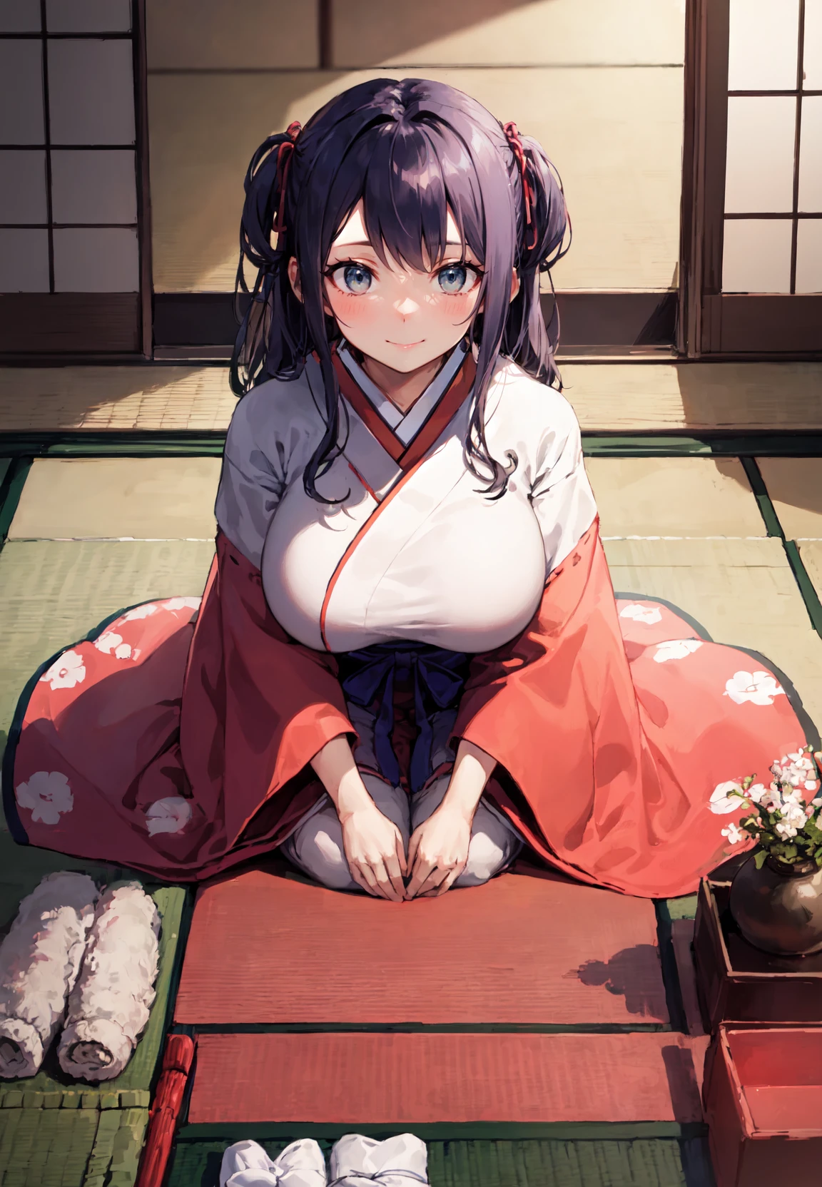 1girl, seiza, kneeling,  leaning forward, looking up, large breasts, japanese clothes
tatami
<lora:Concept_Seiza-LookingUp:1>