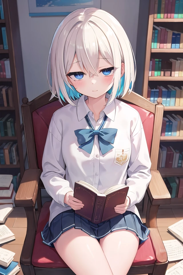 insanely detailed, absurdres, ultra-highres, ultra-detailed, best quality, beautiful background,detailed background, beautiful detailed glow, best illuminate, textile shading, extremely detailed CG unity 8k wallpaper, Highly Detailed beautiful and aesthetic, best light, dynamic lighting, super detailed skin, intricate details, delicate facial features, very wide, panorama view, sense of depth, long shot, magnificent view, BREAK, 1 girl, solo, , nice hands, perfect hands, BREAK, (wearing school uniform), sleepy, closed mouth, (reading a book, holding book:1.3), (sitting on chair:1.3), cowboy shot, looking at viewer, BREAK, slender, kawaii, perfect symmetrical face, ultra cute girl, ultra cute face, ultra detailed eyes, ultra detailed hair, ultra cute, ultra beautiful, by Canon EOS, SIGMA Art Lens 35mm F1.4, ISO 200 Shutter Speed 2000, BREAK, messy room, school library room, dark atmosphere, canopy, clutter, lots of colorful books, miscellaneous goods are placed in a mess, colorful sphere, BREAK, (white) blonde hair, medium hair, messy hair, blue eyes, hair between eyes, medium large breasts
<lora:surprised_v100:1>