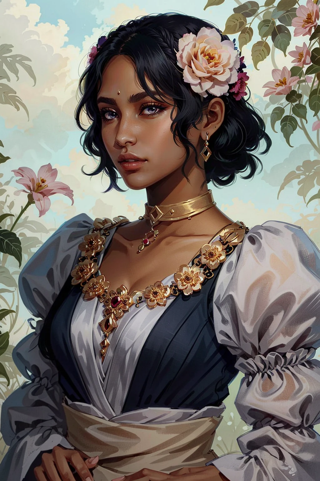 JosephineDA, 1girl, jewelry, dark skin, solo, earrings, dark-skinned female, necklace, flower, hair ornament, black hair, hair flower, short hair, hairband, upper body, dress, choker, artist name, looking at viewer, blue eyes, lips
<lora:epi_noiseoffset2:1>, <lora:JosephineDA:0.7>