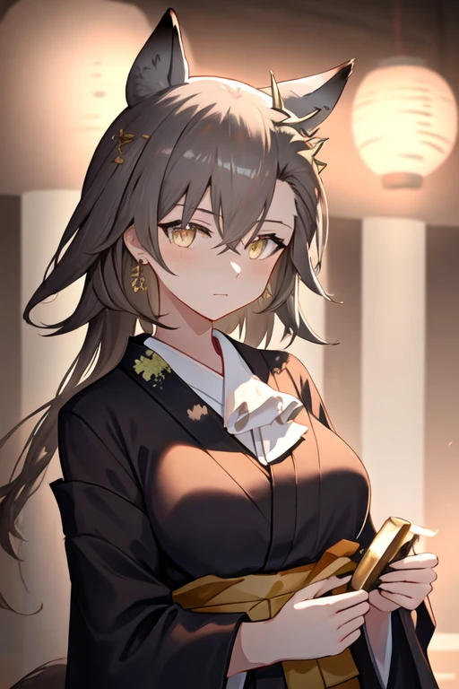 best quality, masterpiece, highres, solo, {yukata:1.40}, {kimono:1.20}, {penance_arknights:1.15}, animal_ears, wolf_ears, extra_ears, long_hair, brown_hair, wolf_girl, yellow_eyes, ascot, white_ascot, hair_between_eyes, upper_body, closed_mouth, jewelry, bangs, breasts