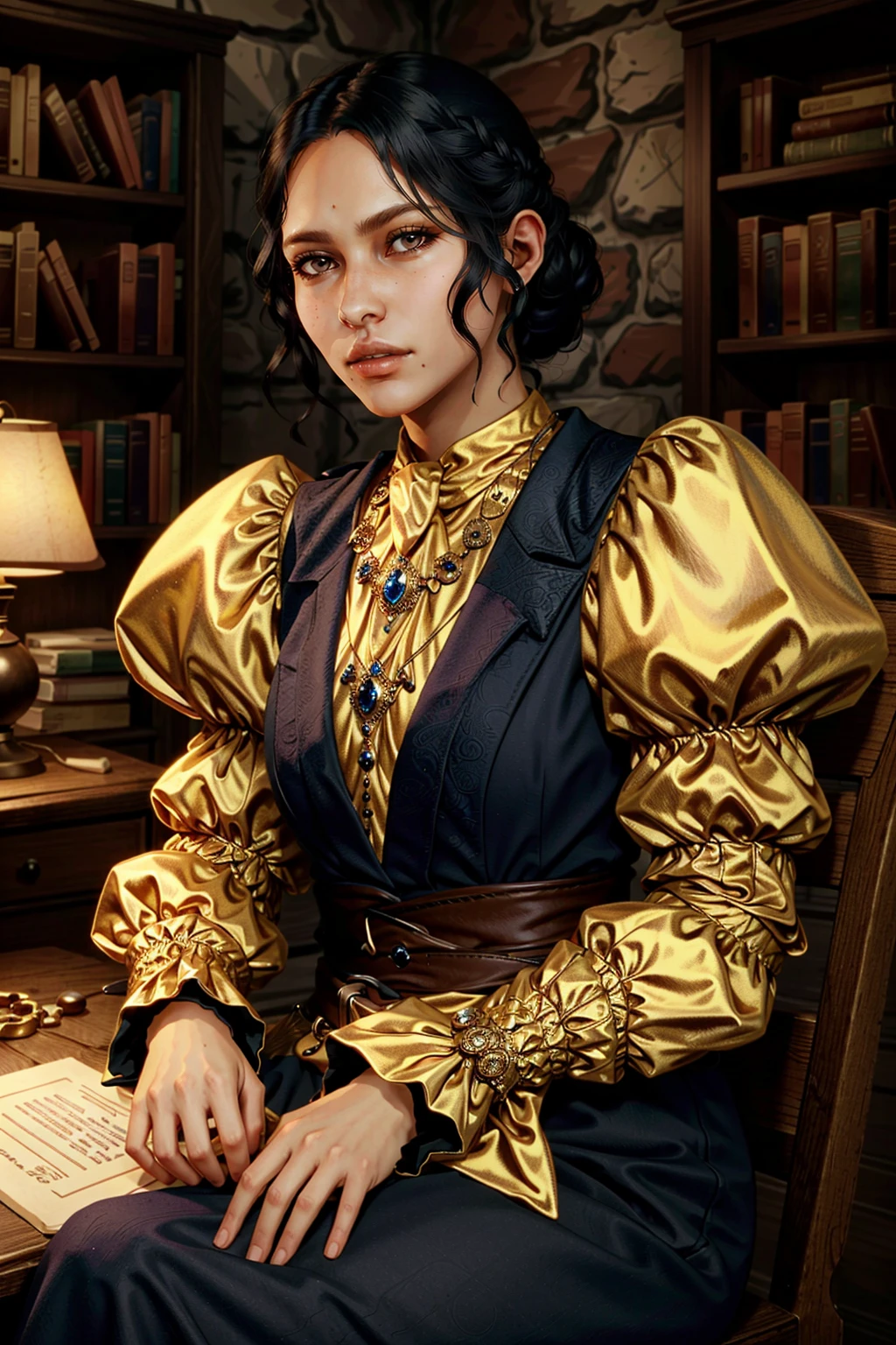 JosephineDA, solo, mole, mole under mouth, black hair, realistic, jewelry, male focus, 1girl, bookshelf, puffy sleeves, chair, sitting, book, looking at viewer, necklace, quill
<lora:epi_noiseoffset2:1>, <lora:JosephineDA:0.7>