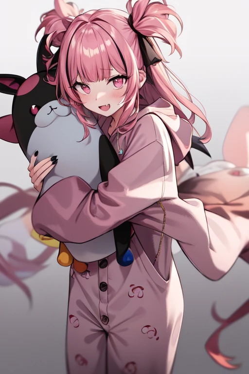 pink hair, blunt bangs, object hug, standing, fang, hair ribbon, black nails, pink eyes, streaked hair, nail polish, onesie