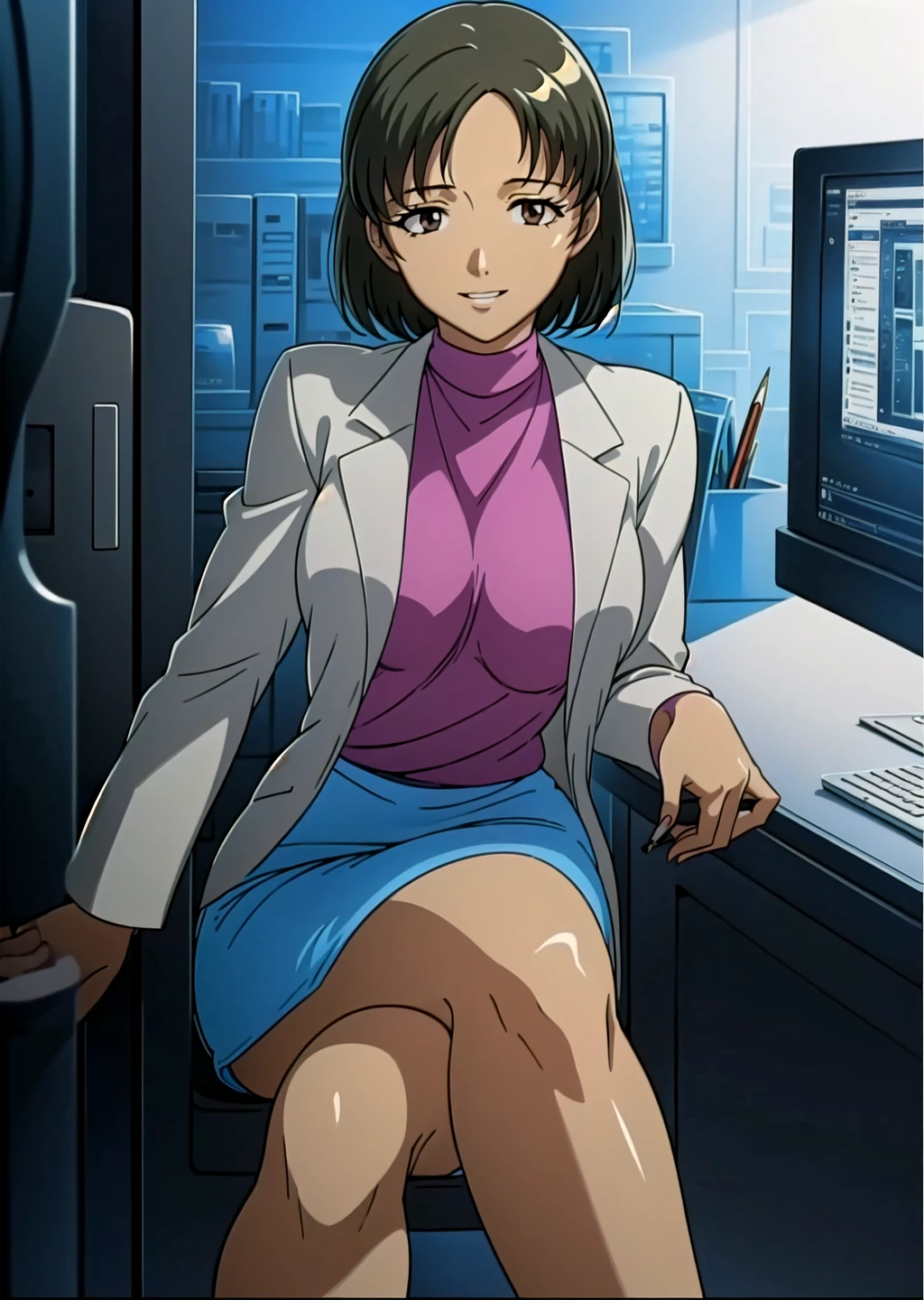 urotsukidoji researchgirl,
(solo:1.4),
1girl,brown hair, short hair, brown eye, sexy body, beautiful thighs, medium breasts,
white long labcoat, (gray pencil skirt:1.4), pink turtleneck, (parted bangs:1.4),long sleeves,
sitting on chair, (using computer:1.4), computer, smile, parted lips, crossed legs,
(pc-98:1.4), table, workstation,chair,
indoors, laboratory,
portrait,high angle shot,
(masterpiece:1.4), (best quality:1.4),
professional artwork, intricate details, vivid colors, Diffused lighting, digital blending, ultra detailed body, ultra detail hair, ultra detail face,
<lora:urotsukidoji_researchgirl_ver5-10:0.8>