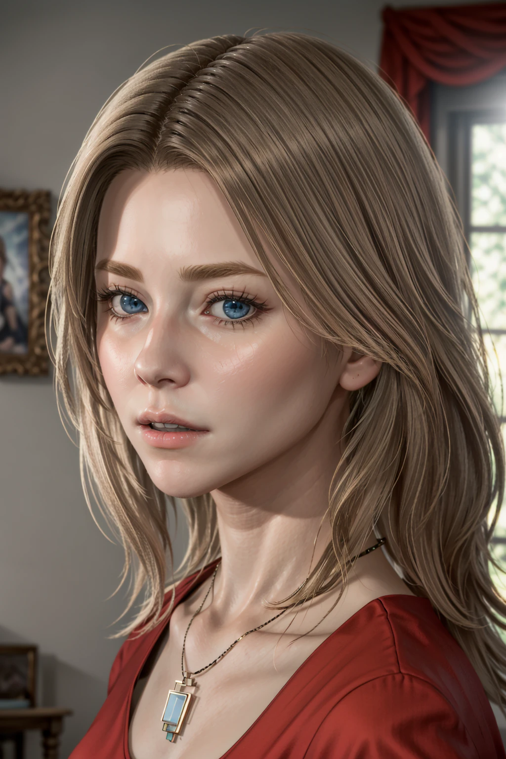 AmelieDS, realistic, 1girl, blonde hair, jewelry, necklace, solo, blue eyes, blurry background, blurry, long hair, lips, indoors, portrait, shirt, nose, red shirt
masterpiece, best quality,
<lora:epi_noiseoffset2:1>, <lora:AmelieDS:0.7>