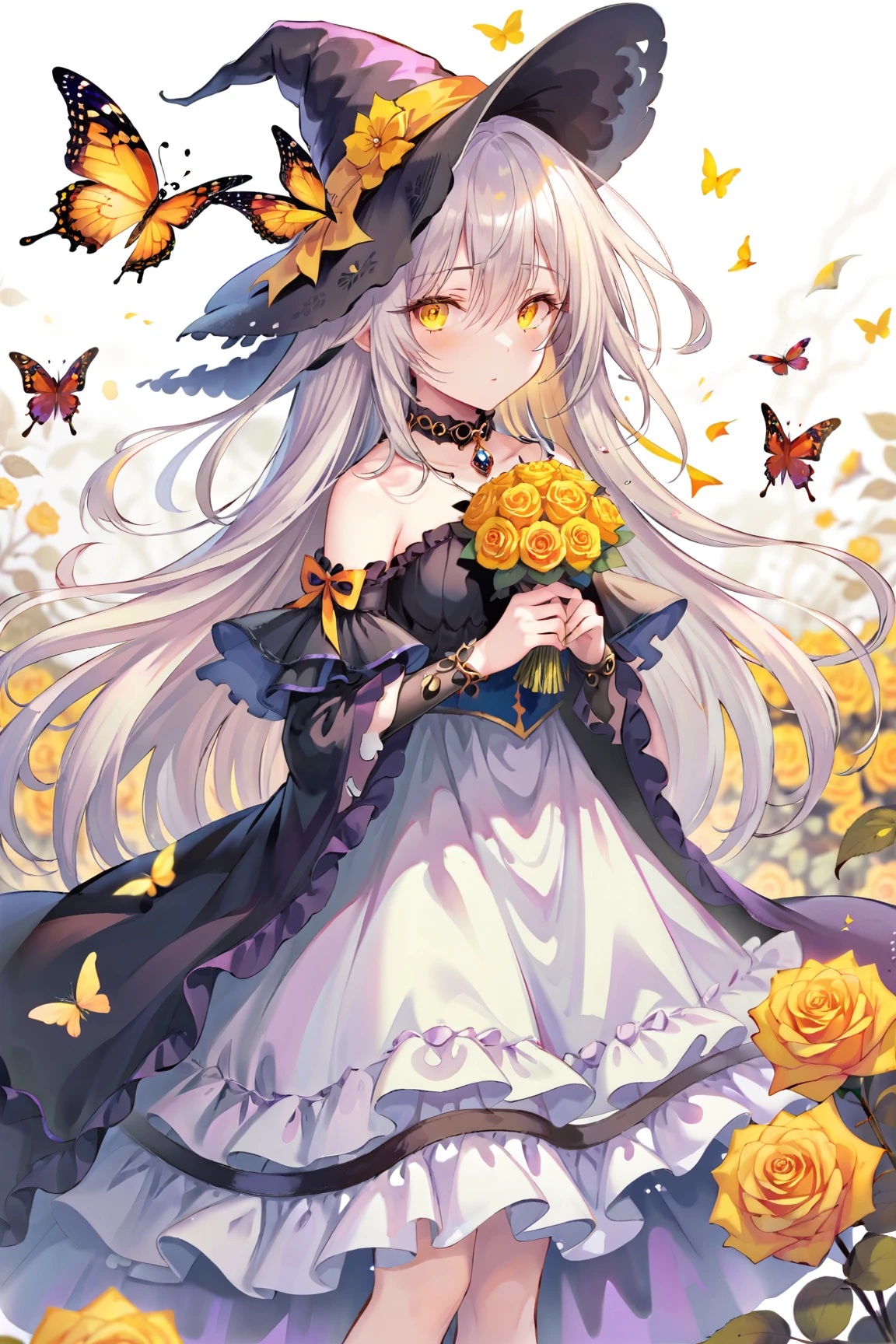 by mechari, 1girl, flower, hat, witch hat, solo, bug, long hair, braid, butterfly, black headwear, dress, rose, yellow rose, holding, white hair, yellow flower, frills, eyepatch, looking at viewer, frilled sleeves, blurry background, yellow eyes, frilled dress, blurry, earrings, orange eyes, very long hair, jewelry, closed mouth, bangs, heart, witch, flower over eye, yellow butterfly, choker