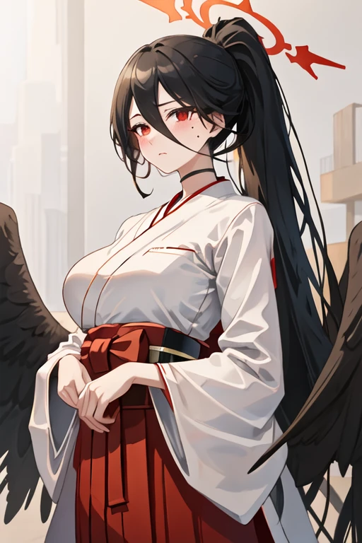 best quality, masterpiece, highres, solo, {white kimono:1.35}, {red hakama:1.35}, {wide sleeves:1.20}, {hasumi_bluearchive:1.15}, black_hair, long_hair, red_eyes, hair_between_eyes, halo, mole, mole_under_eye, blush, breasts, large_breasts, wings, ponytail, black_wings, very_long_hair, closed_mouth, bangs