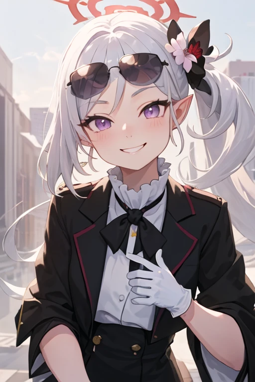 best quality, masterpiece, highres, solo, {black business suit:1.40}, {tie:1.20}, {sunglasses:1.25}, {white gloves:1.15}, {white shirt:1.10}, {black skirt:1.15}, {smoking:1.20}, handsome, {mutsuki_bluearchive:1.15}, long_hair, hair_ornament, smile, halo, bangs, purple_eyes, white_hair, side_ponytail, blush, hair_flower, flower, grey_hair, pointy_ears