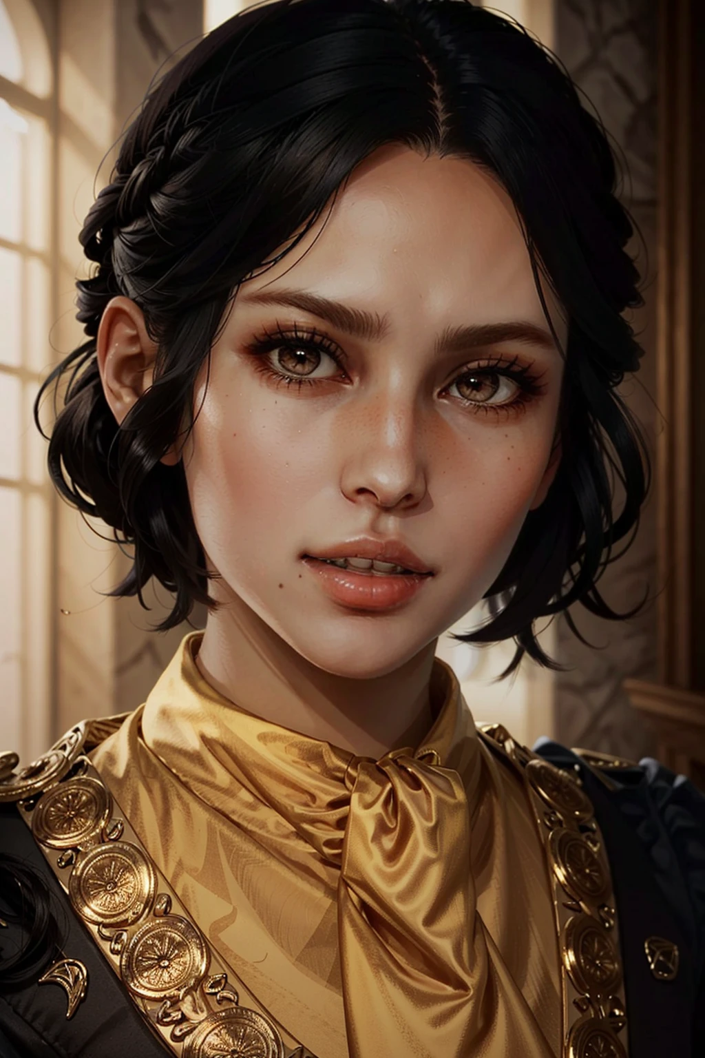 Cassandra,brown eyes,freckles,(scar on cheek:1.1),very short black hair, solo, laying in bed, blushing, mouth closed, sheer black dress, covered nipples, horny, reading romantic novel, candle lit room, medieval setting, nighttime, dark room, seductive smile,
(insanely detailed, beautiful detailed face, masterpiece, best quality)
<lora:Cassandra-10v3:0.7>