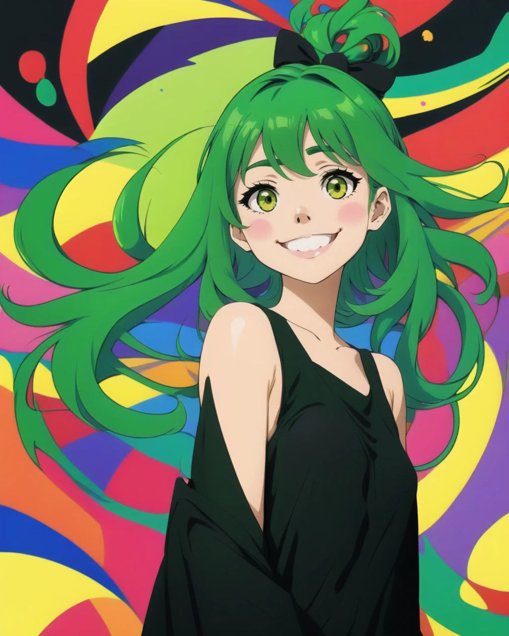 1girl, green hair, smiling, black dress, upper body, colorful, abstract, masterpiece, best quality,