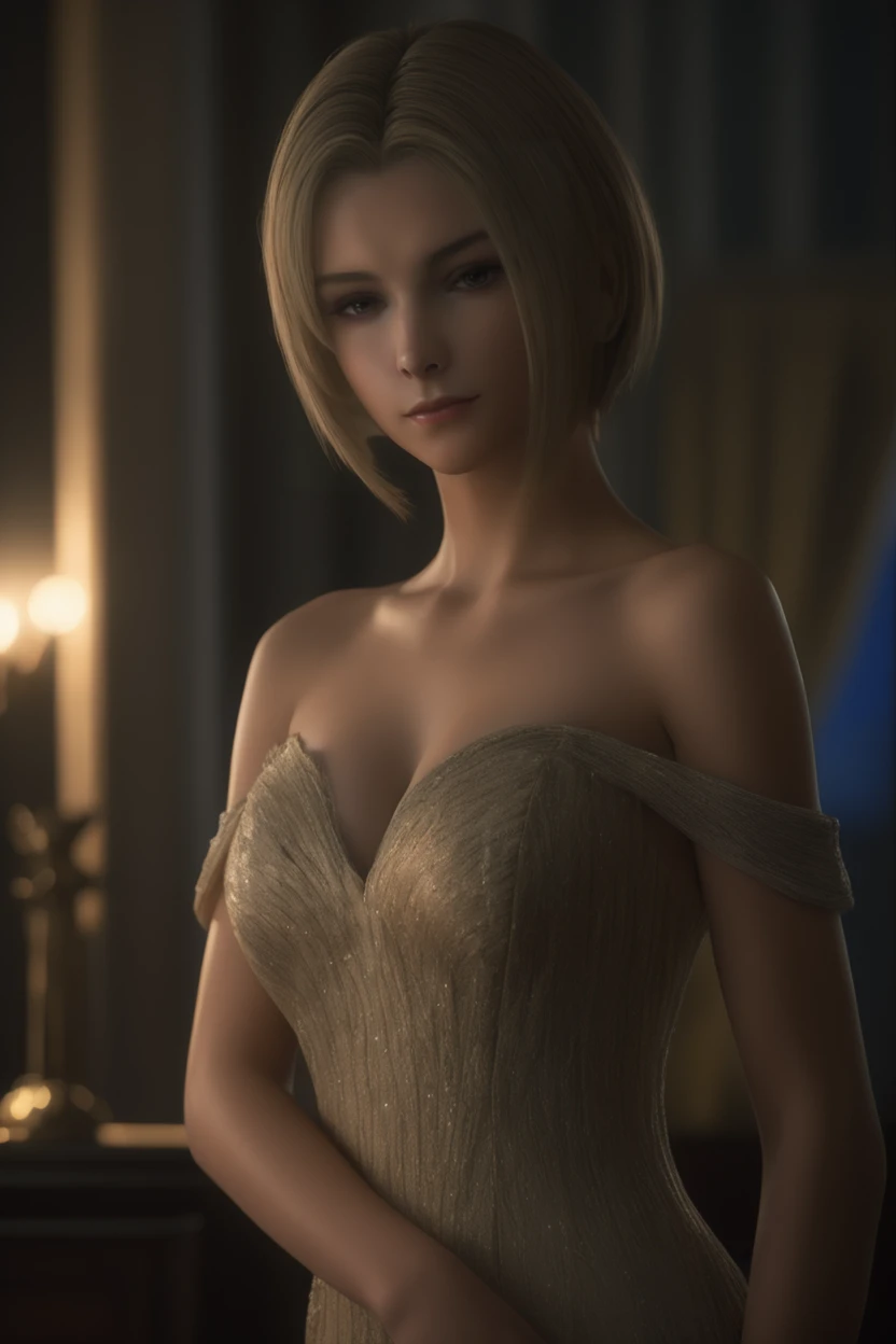 Best quality,masterpiece,ultra high res,1girl,(upper body:1.2),benedikta_harman,looking at viewer,<lora:benedikta_sdxl_V1:0.65>,evening_gown,clubroom,