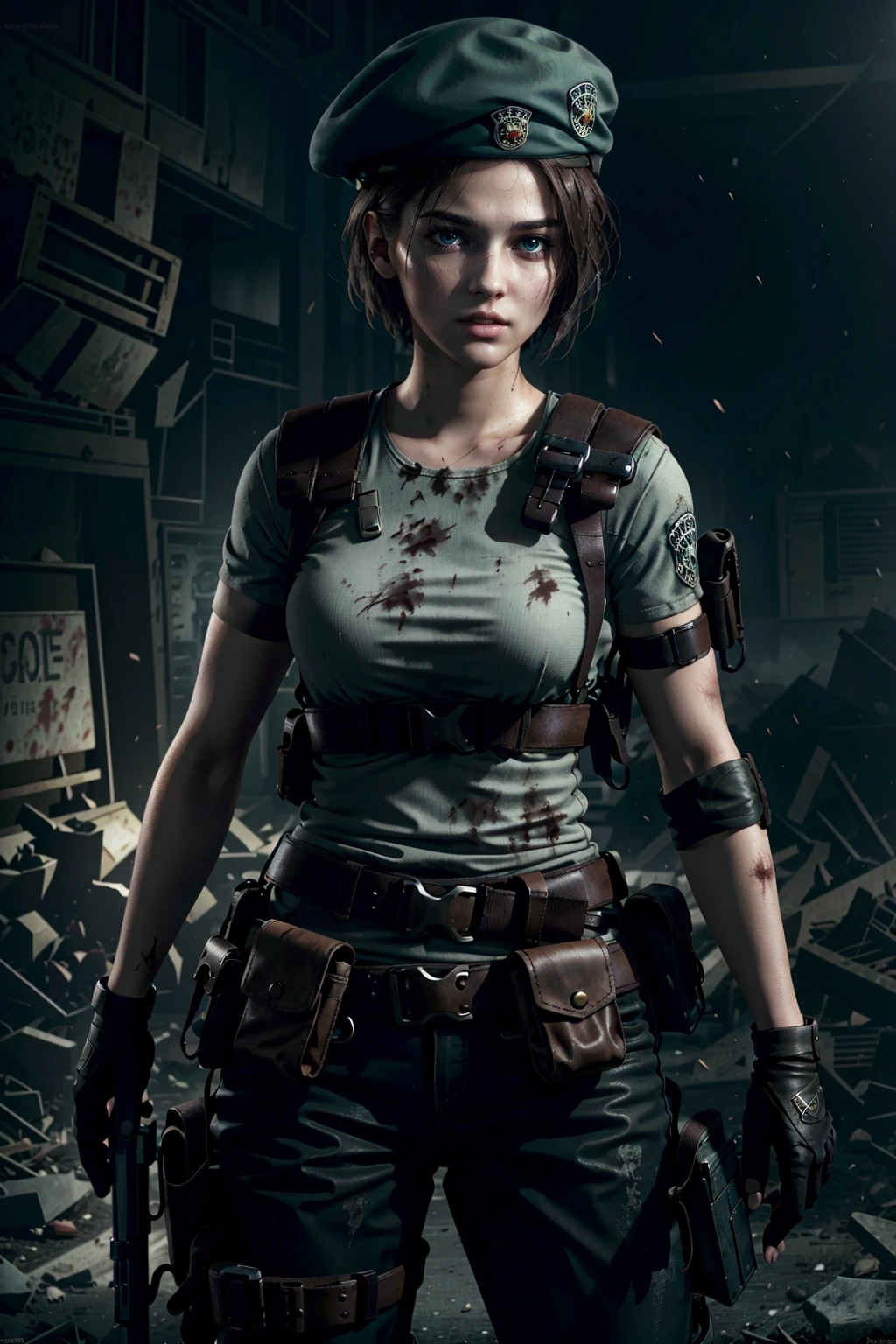 JillRE, jill valentine, 1girl, weapon, gun, hat, solo, gloves, beret, fingerless gloves, short hair, brown hair, handgun, holding weapon, holding, blue eyes, realistic, zombie, belt, medium breasts, holster
<lora:epi_noiseoffset2:1>,  <lora:JillRE:0.7>