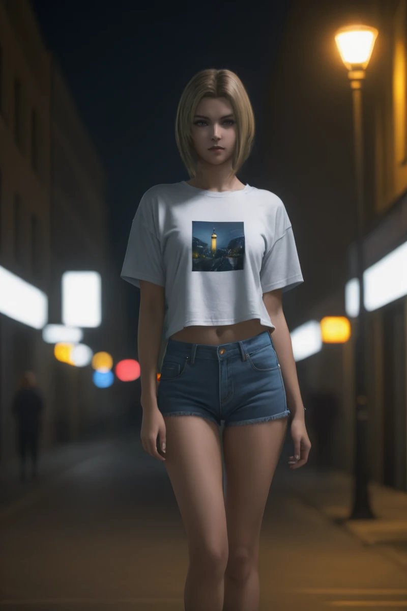 1girl,upper body,benedikta_harman,looking at viewer,<lora:benedikta_sdxl_V1:0.65>,city,street lamp,night,t-shirt,denim shorts,