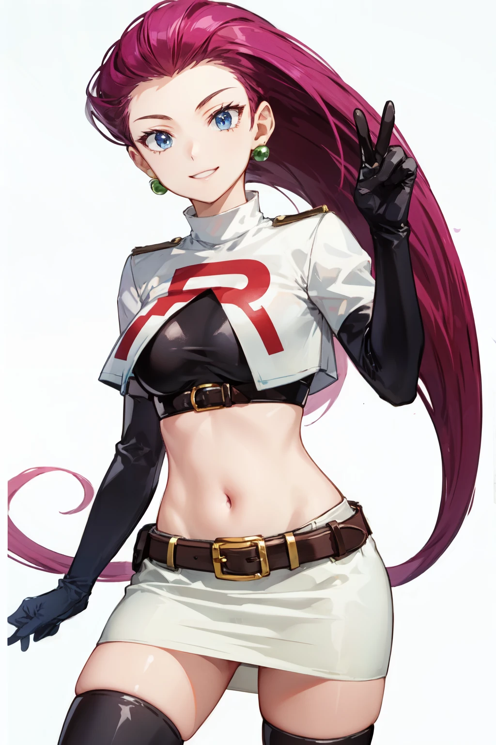 <lora:jessie-v2:1> jessie pokemon, solo, team rocket, gloves, hair slicked back, long hair, jewelry, skirt, navel, thighhighs, earrings, elbow gloves, team rocket uniform, crop top, blue eyes, midriff, white background, belt, black gloves, very long hair, simple background, smile, black thighhighs, purple hair, looking at viewer, breasts, white skirt, miniskirt