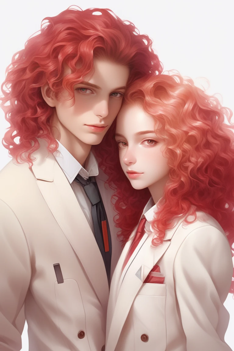 realistic ,(1boy ,childen girl ),portrait,lip, Blazer with Rolled-up Sleeves and Trousers.,dessert, Cream gradient background, Crimson hair,Curly hair, engineer , (masterpiece,best quality,niji style)