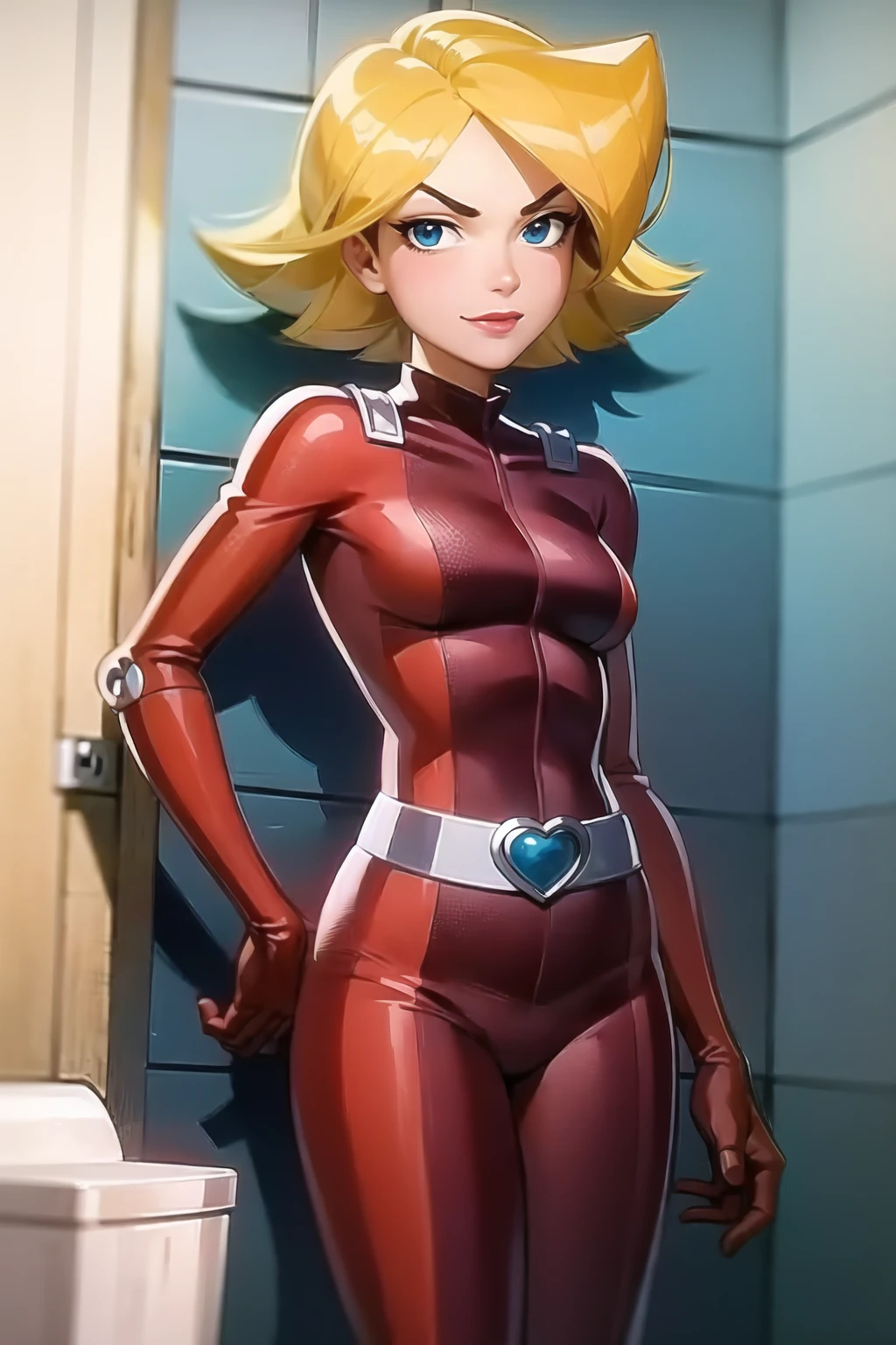 best quality, ultra high res, (photorealistic:1.4), 1girl, solo, clover \(totally spies\), blonde hair, short hair, blue eyes, red bodysuit, belt ((very small breasts )) ,woman ,weak unhealthy ,((very thin)) (((Thin legs)) not healthy (embarrassed) Very short ,tight (red suit
)