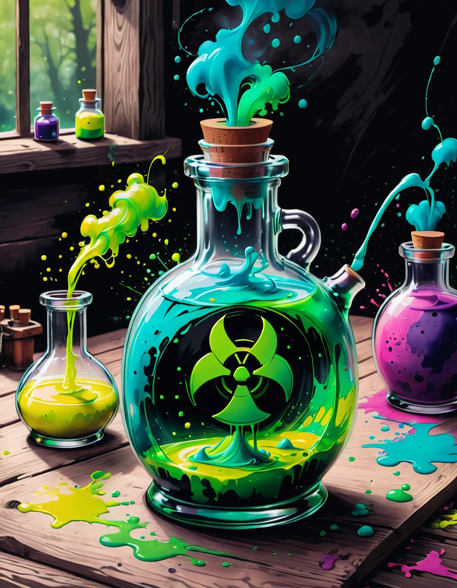 a magical potion bottle, filled with radioactive goo  <lora:SDXLPaintSplash:0.6>  Colorsplash