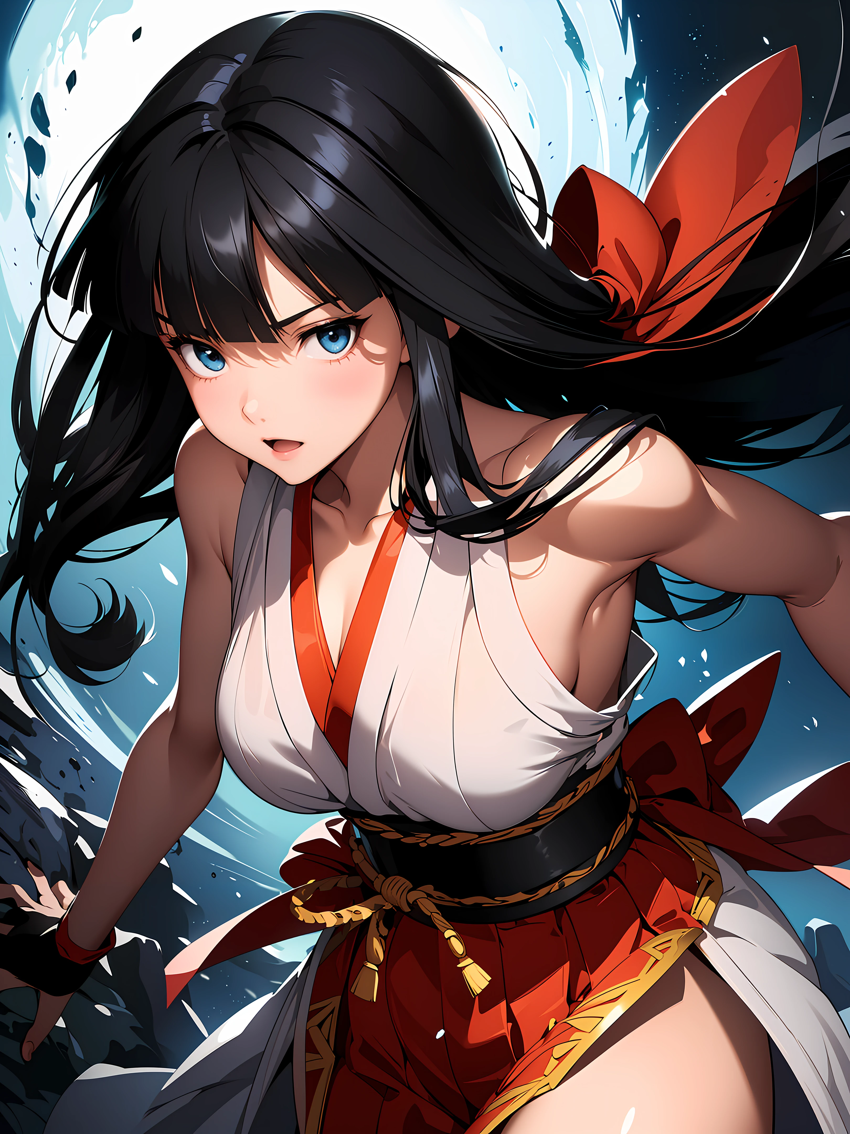 (fantasy illustration:1.5),(solo:1.2),(anime,8k,masterpiece, top quality, best quality,beautiful and aesthetic:1.2,professional illustrasion:1.1,ultra detail:1.3,perfect lighting),extremely detailed,highest detailed,incredibly absurdres,highres,ultra detailed,intricate:1.6, (girl),highly detailed beautiful face and eyes,beautiful hair,bob hair,blunt bangs,(black hair:1.4),(Red ribbon on the back of the hair:1.2),( Samurai Shodown's nakoruru costume:1.2),kirakira skin, (abstract:1.2),pretty,subesube,(small stature,medium breast), sense of speed