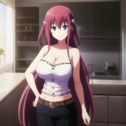 (masterpiece, best quality:1.2),illustration,8k,hd,1girl,solo,blue eyes,cleavage,pants,very long hair,smile,large breasts,red hair,belt,<lora:Suou Amane(Anime)>,