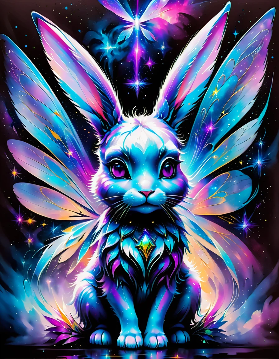 a fantasy hybrid creature,fairy bunny, symmetrical wings, nebula, sparkling colors, purple and blue, highly detailed, beautiful lighting, ethereal, mystical, 8k, vibrant colors, beautiful backlighting,  <lora:SDXLPaintSplash:0.7>  Colorsplash