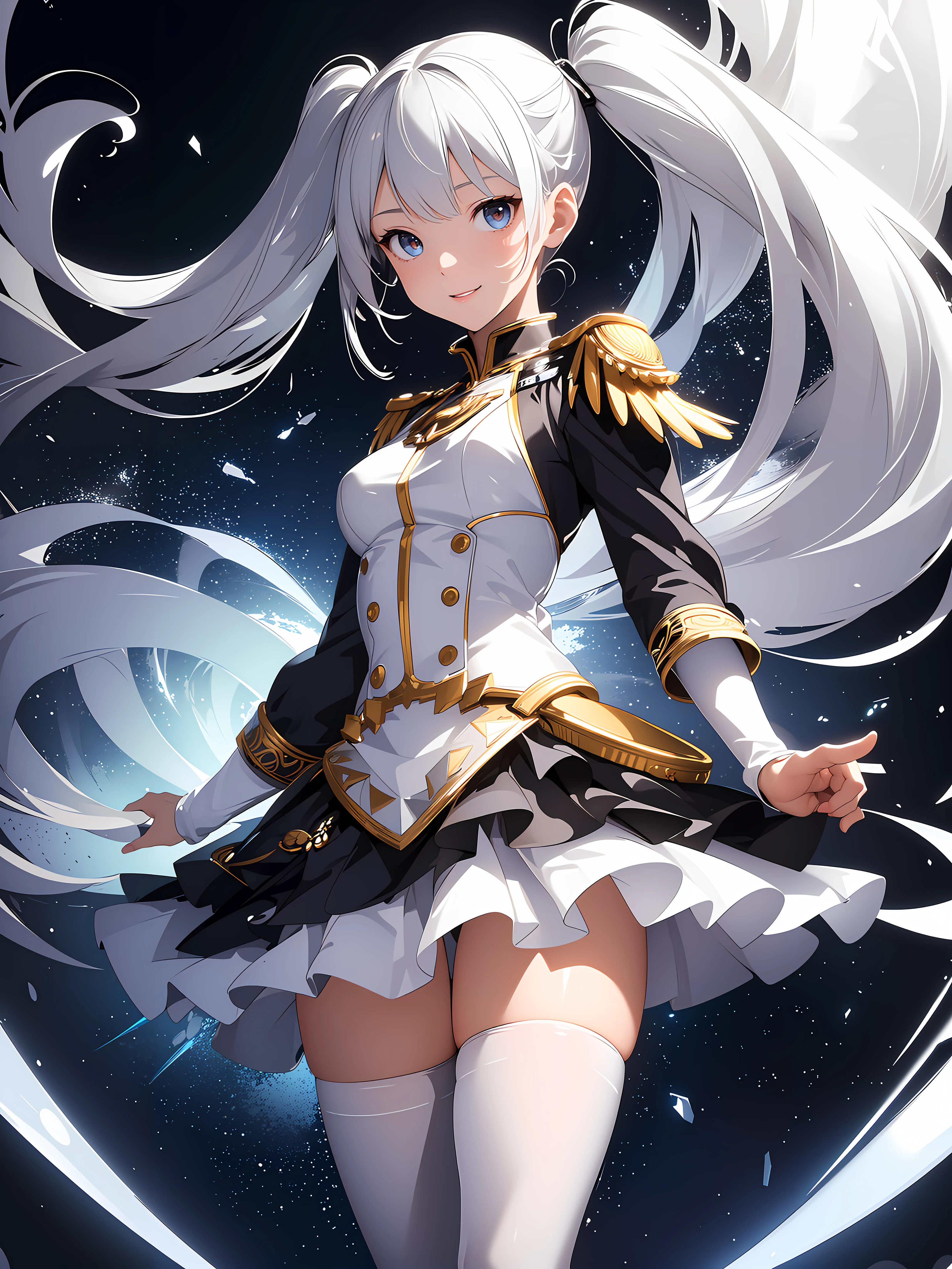 (novel illustration:1.5),(solo:1.2),(anime,8k,masterpiece, top quality, best quality,beautiful and aesthetic:1.2,professional illustrasion:1.1,ultra detail:1.3,perfect lighting),extremely detailed,highest detailed,incredibly absurdres,highres,ultra detailed,intricate:1.6, (young girl), (white,military costume,tight skirt), (highly detailed beautiful face and eyes, silver hair:1.5, twin tail:1.1, floating hair), (white tights up to the thighs), small stature, (small breasts), shiny skin, cute, teasing smile, character focus