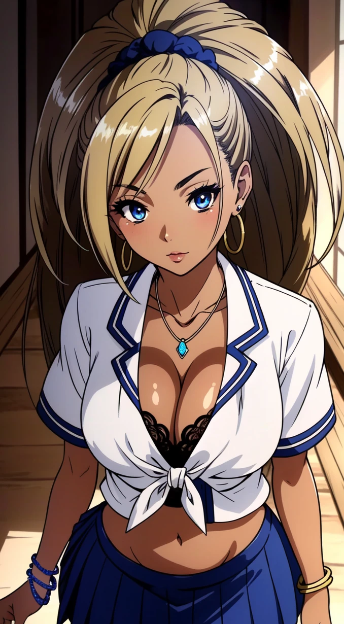 <lora:Manatsu Shiraishi:1> Manatsu Shiraishi, 1girl, gyaru, solo, skirt, jewelry, breasts, long hair, loose socks, socks, cleavage, kogal, navel, dark-skinned female, nail polish, underwear, pleated skirt, ganguro, dark skin, necklace, serafuku, bracelet, shoes, full body, midriff, brown hair, v, earrings, white socks, loafers, looking at viewer, blonde hair, standing, black footwear, tied shirt, black leggings, blue eyes, shirt, medium breasts, tan, miniskirt, blue skirt, perfect lighting, ((shining face, shining body)), seductive look, perfect face, make up, eye shadow, ((gorgeous)), Extremely beautiful, perfect, hour glass body, (masterpiece:1.2), (best quality:1.2), cinematic, perfect skin, perfect lighting, textured skin, detail, beauty, wonder, sharp focus, ultra-detailed, illustration, perfect face, ((gorgeous)), Extremely beautiful, perfect, detailed background, alluring, standing, (detailed background, intricate background:1.1), beautiful,
