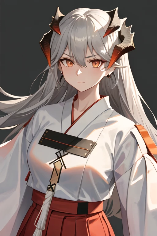 best quality, masterpiece, highres, solo, {white kimono:1.35}, {red hakama:1.35}, {wide sleeves:1.20}, {saria_arknights:1.15}, horns, long_hair, dragon_horns, orange_eyes, bangs, grey_hair, upper_body, closed_mouth, earrings, jewelry, hair_between_eyes