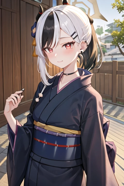 best quality, masterpiece, highres, solo, {yukata:1.40}, {kimono:1.20}, {kayoko_bluearchive:1.15}, black_hair, multicolored_hair, white_hair, horns, two-tone_hair, red_eyes, bangs, halo, piercing, hair_between_eyes, ear_piercing, closed_mouth, ponytail, blush, earclip, hoodie, black_hoodie, upper_body, long_hair