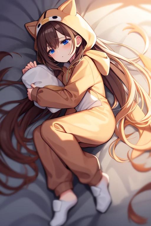 long hair, hood up, brown hair, full body, long sleeves, holding, blue eyes, anesie, closed mouth, lying, sleeping