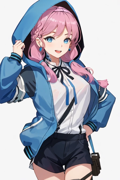 best quality, masterpiece, highres, solo, {blue_poison_arknights:1.15}, blue_eyes, pink_hair, bangs, long_hair, braid, twin_braids, hairband, earrings, jewelry, breasts, upper_body, 1girl, black_ribbon, blue_jacket, collared_shirt, hood, hooded_jacket, jacket, long_sleeves, low_twintails, neck_ribbon, ribbon, shirt, simple_background, twintails, white_shirt, open_jacket, smile, hood_up, looking_at_viewer, open_clothes, grey_background, open_mouth