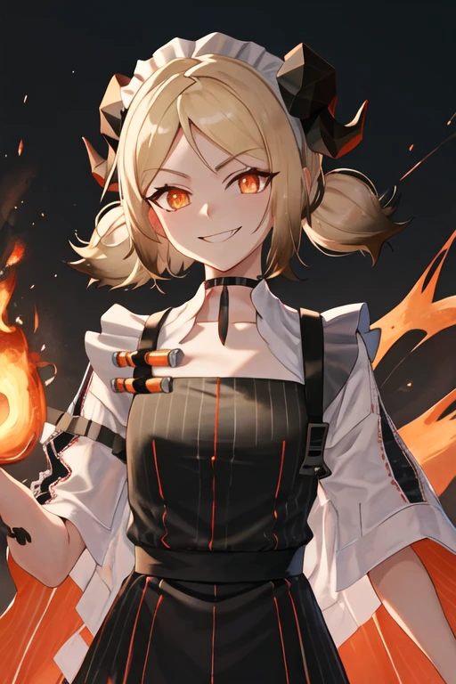 best quality, masterpiece, highres, solo, {maid:1.40}, {long maid dress:1.15}, {ifrit_arknights:1.15}, horns, blonde_hair, orange_eyes, twintails, short_hair, demon_horns, smile, upper_body, fire